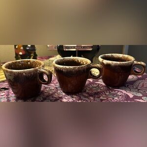 Vintage Hull Oven Proof Pottery Brown Drip Glaze Coffee Mugs Cups Set of 3 USA